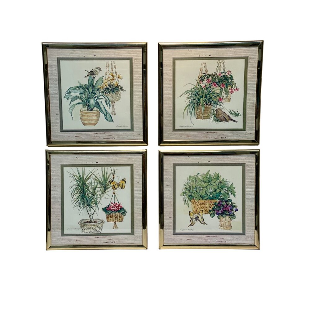 Set Of 4 Stephanie Harney Botanical Bird & Butterfly Gold Framed Prints Wall Art